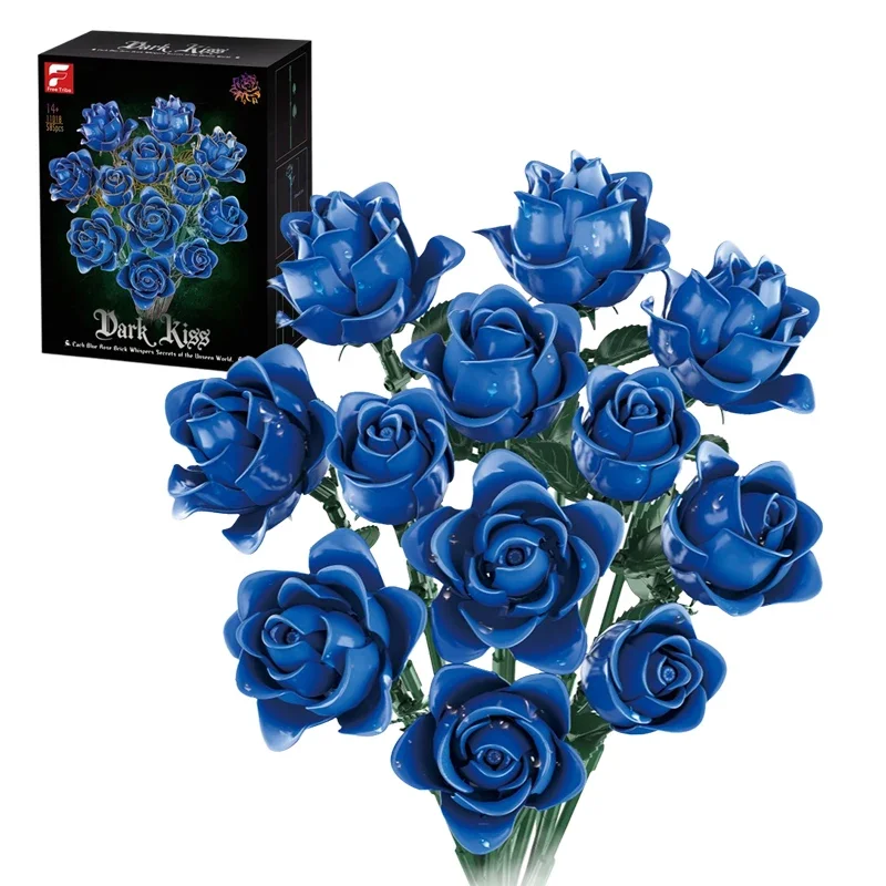 12 blocos de construção de flores de rosa azul, buquê de simulação, modelo de tijolos, ornamentos decorativos para casa, presente romântico adulto, brinquedos diy para crianças