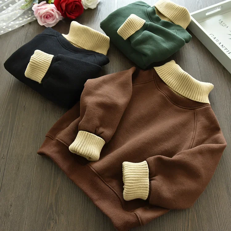 

Kids Girl Pullover Sweatshirt 2023 Spring Paneled Knitted Turtleneck Hoodie Baby Padded Sweater 3-7 Years Warm Girls Clothes