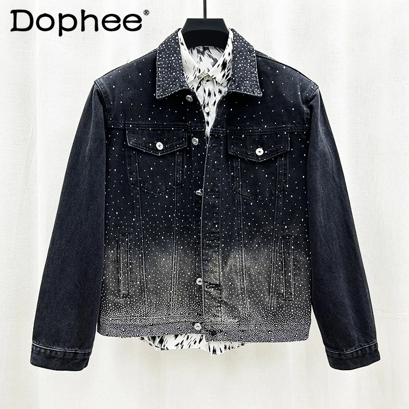 

2024 Autumn Winter New Personality Hot Diamond Male Denim Jacket Boys Trendy Loose Retro Tooling Jacket Long Sleeve Denim Tops