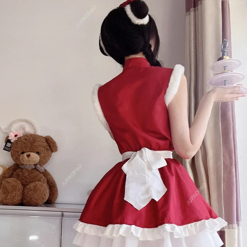 Christmas Japanese Anime Maid Uniform Female Sexy Role Playing Costume Dress Set Red Pure Desire Maid Set Dress New Year's Robe