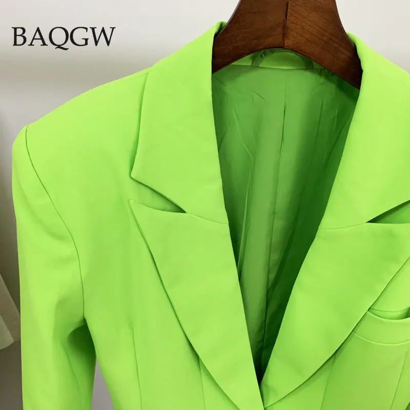 Streetwear Designer Jacket Women\'s Extra Shoulder Single Button Long Blazer Fluorescence Green Office Lady Luxury Jacket Coat