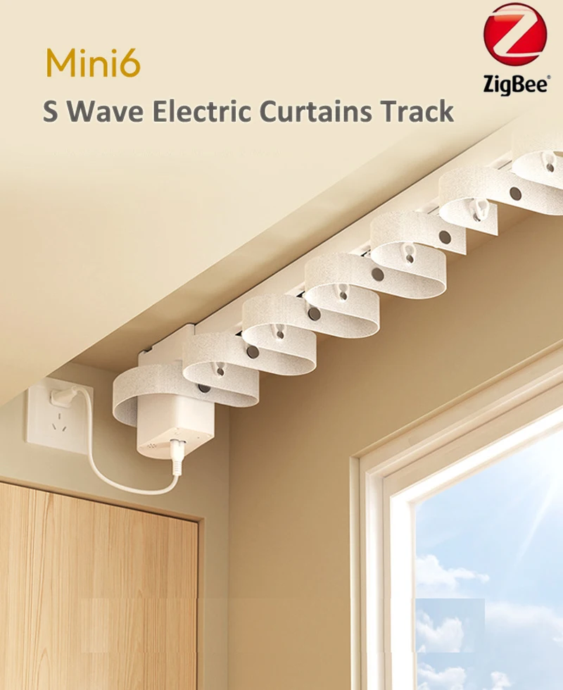 USA/Europe Customizable Full Set Ripple Fold S-Wave Electric Track Single Rail Zigbee Smart Mini Curtain Motor for Smartlife Con