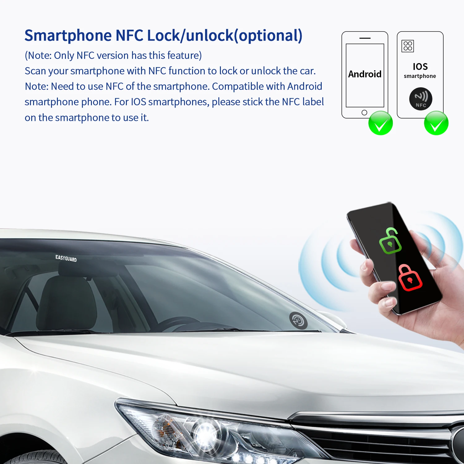 EASYGUARD aplikasi ponsel pintar alarm mobil starter jarak jauh dengan pasif tanpa kunci masuk tombol start tekan pengunci NFC & keypad kata sandi