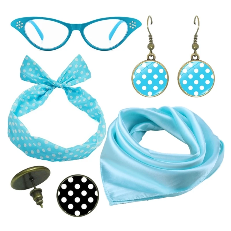 Adult Halloween Cosplay Costumes 1950s Set Chiffon Scarf for Cat Eye Shape Eyeglasses Bandana Tie Headband Earrings Suit