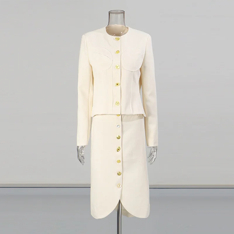 

Luxury Design Women Gold Button Long Sleeve Top And Skirt Set