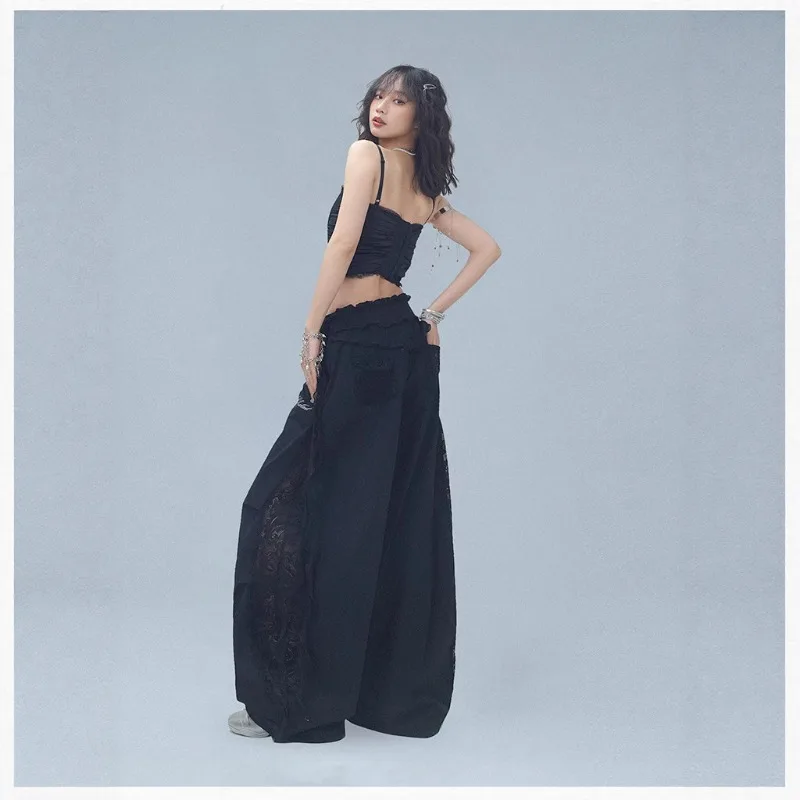 Women's Lace Splicing Jazz Sports Trousers Hip-hop Wide-leg Trousers American Hip-hop Tide  Summer Quick-drying Scimitar Pants