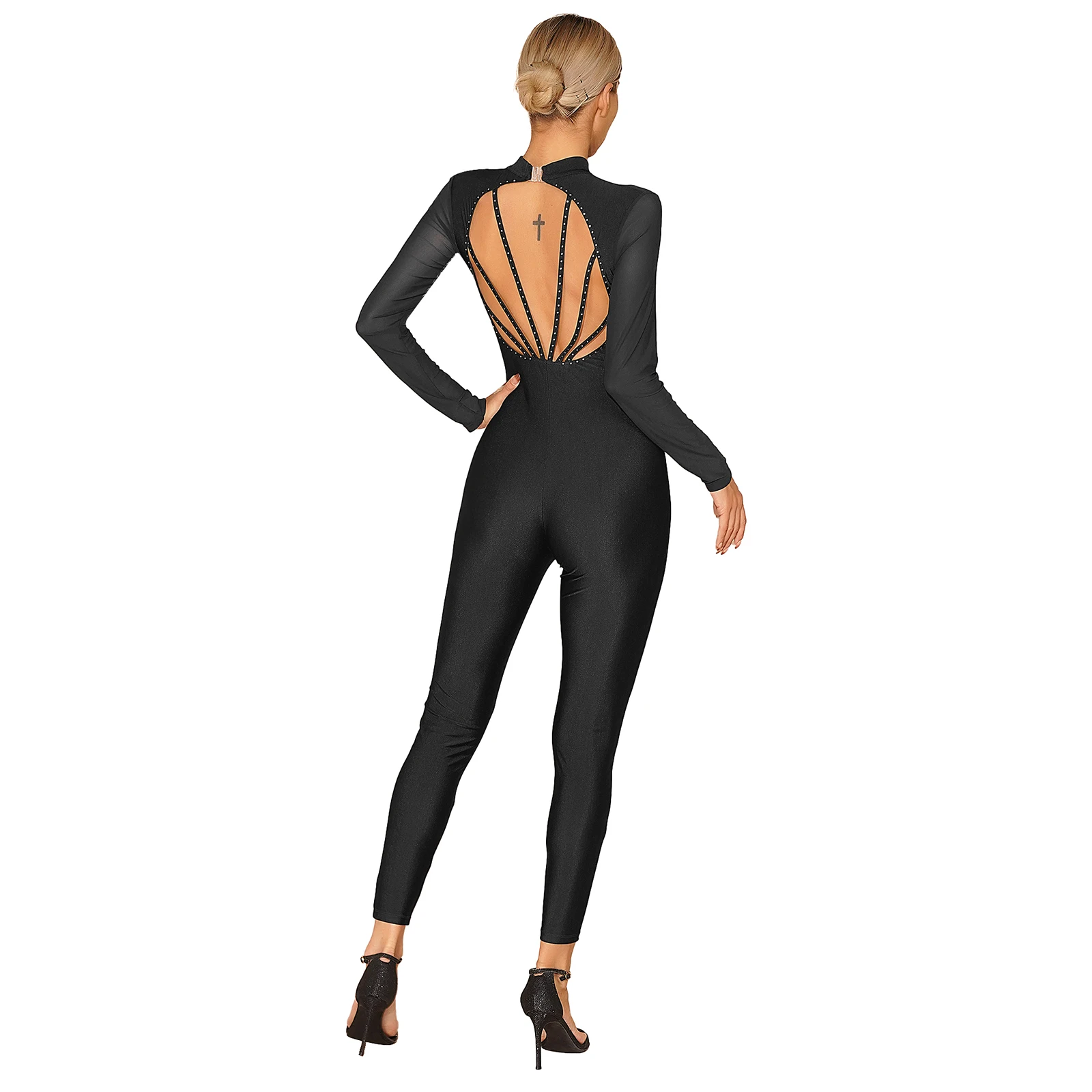 Womens Ballet Dance Gymnastics Leotard Figure Skating Bodysuit Long Sleeve Rhinestone Sheer Mesh Jumpsuit for Yoga Acrobatics