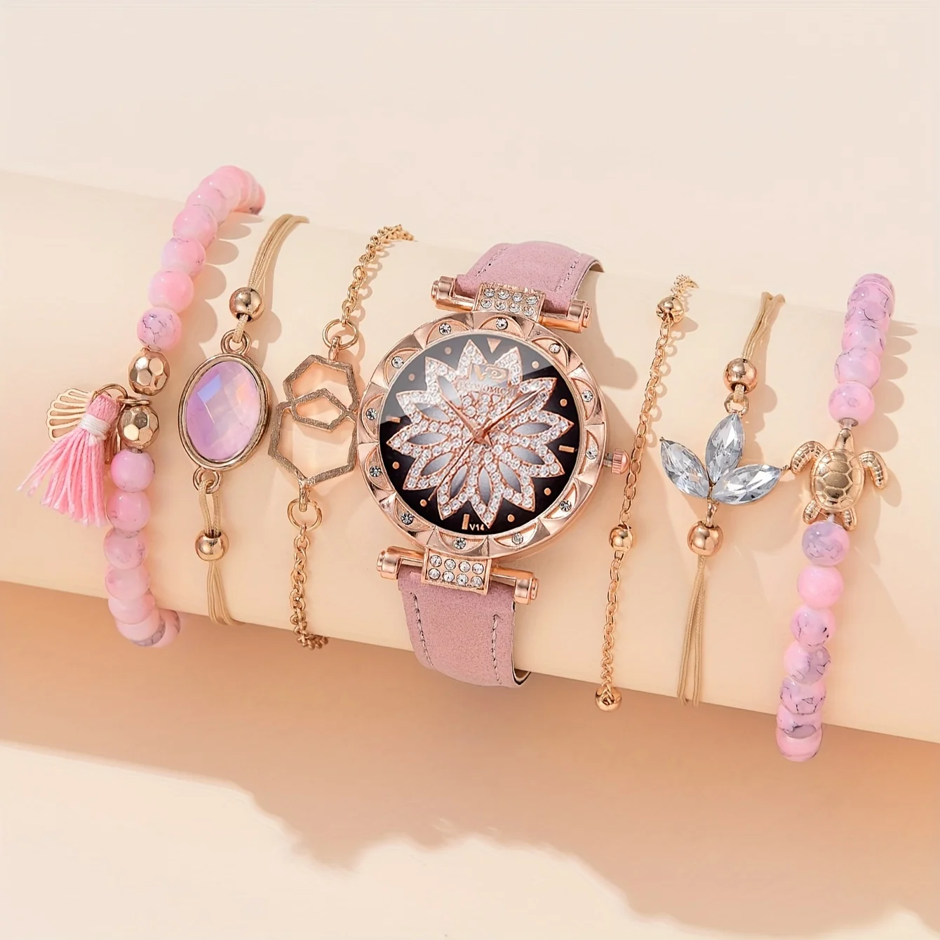 女性用クォーツ時計,PUレザー,合金ポインター,ジュエリーセット,ママ,ガールフレンドへの素晴らしいギフト,7個