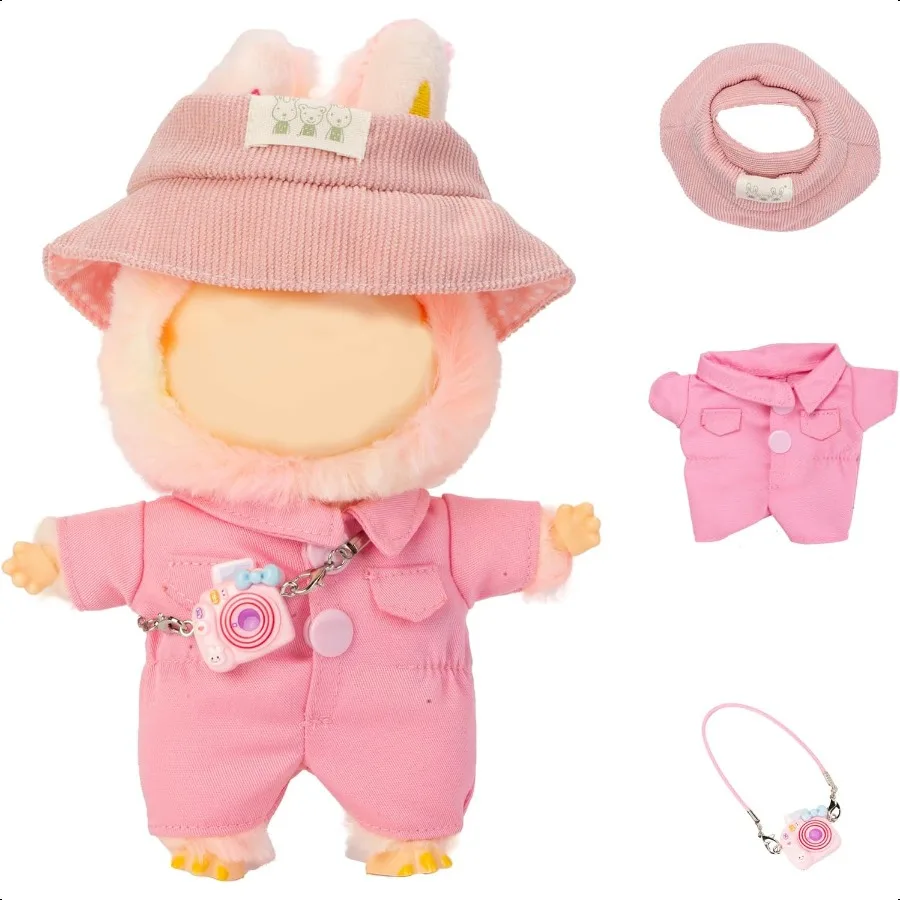 17cm Doll Clothes for labubu Pink Dolls Outfit Set Includes Hat and Onesie No Doll