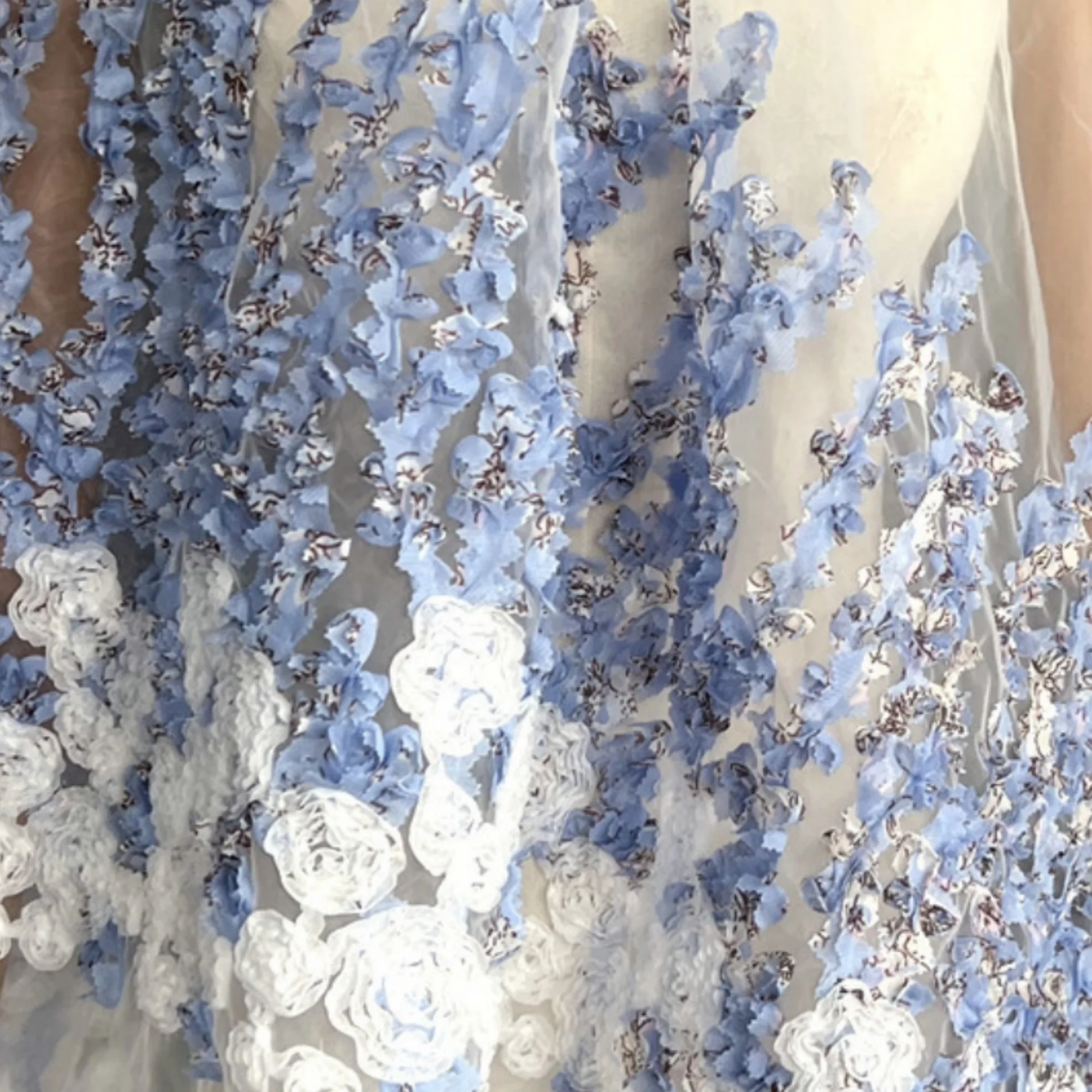 1Meter Blue White Double-Sided Gradient Organza Fabric with Three-Dimensional Flowers for DIY Handmade Clothing Skirt Evening Go view 4