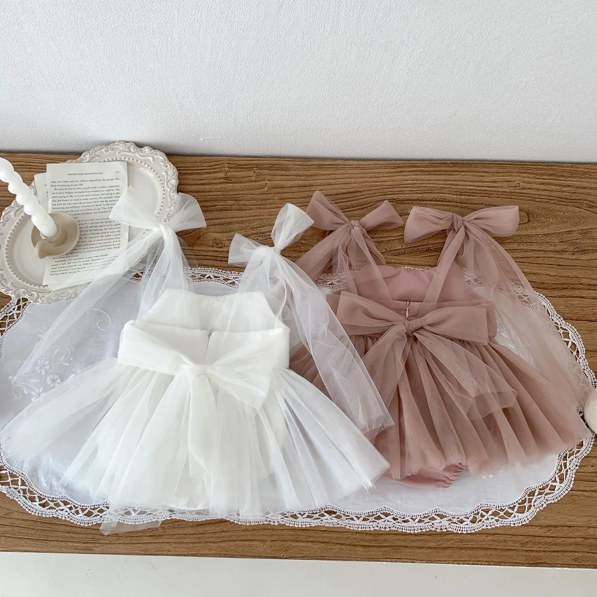 First Birthday Dress Straps Bow Flower Girl Tutu Dress Blush Pink White Baby Gauze Jumpsuit