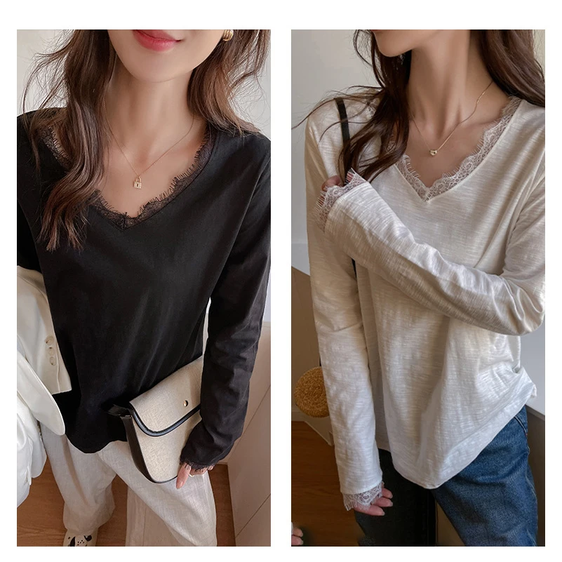 Vrouwen T-shirts Zwarte Kleur Volledige Mouw Sexy V-hals Kant Katoen Basislaag Tops Losse Dunne Vrouwelijke Blouse C6011