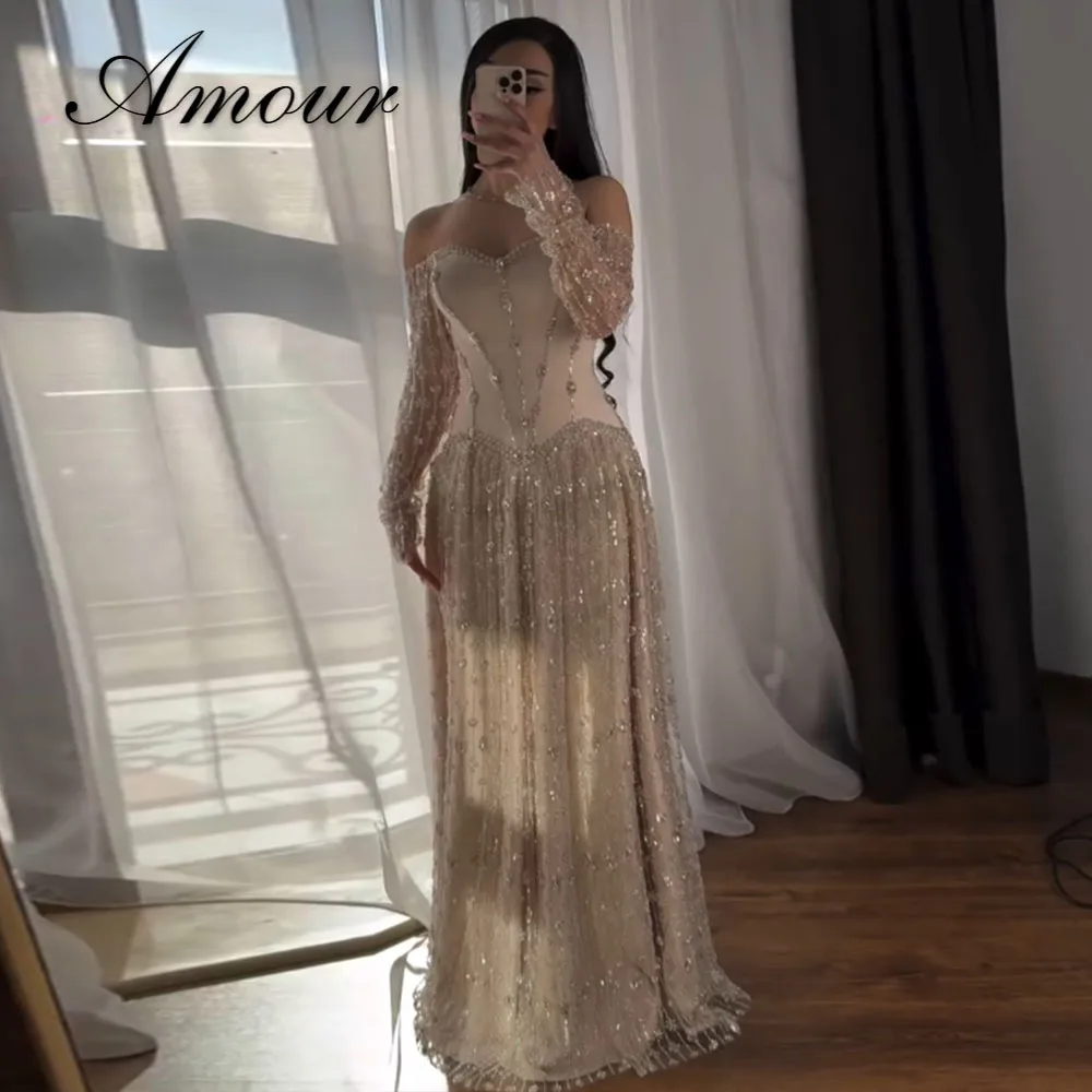 Amour Maßgeschneiderte Saudi Champagner A-Linie Perlenbesetzte Schulterfreie Luxuriöse Abendkleider Damen Hochzeitsgast Abschlussball Luxuskleider