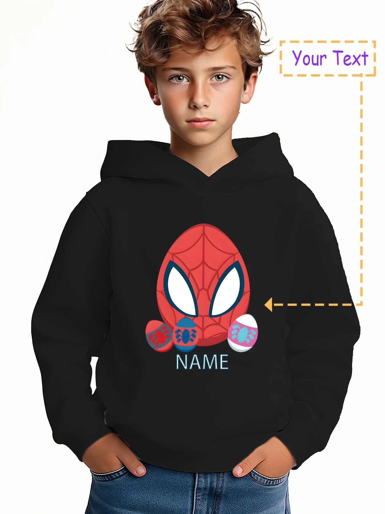 Sudadera con capucha para niño con temática de huevos de Pascua de Spider-Man MINISO: Spider-Man y huevos de Pascua, perfecta para fiestas navideñas y uso diario