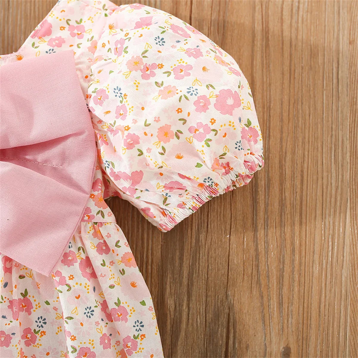 Small Floral Pink Large Bow Baby Dress, New Summer Girl Baby Bubble Sleeve Dress