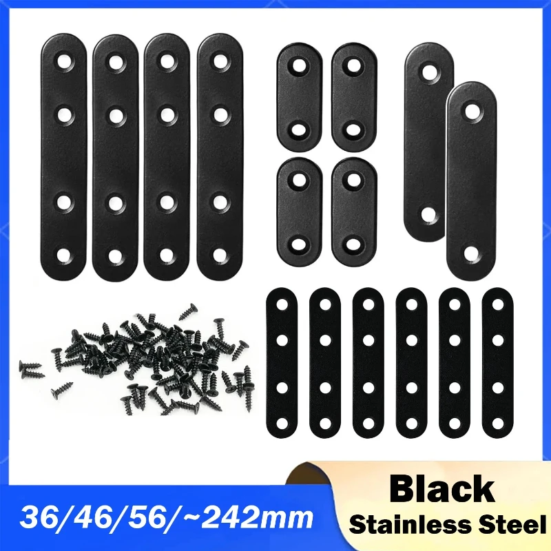 Flat Straight Brace Brackets Black Stainless Steel Mending Joining Plates Repair Fixing Heavy Duty Brackets for Furniture Corner