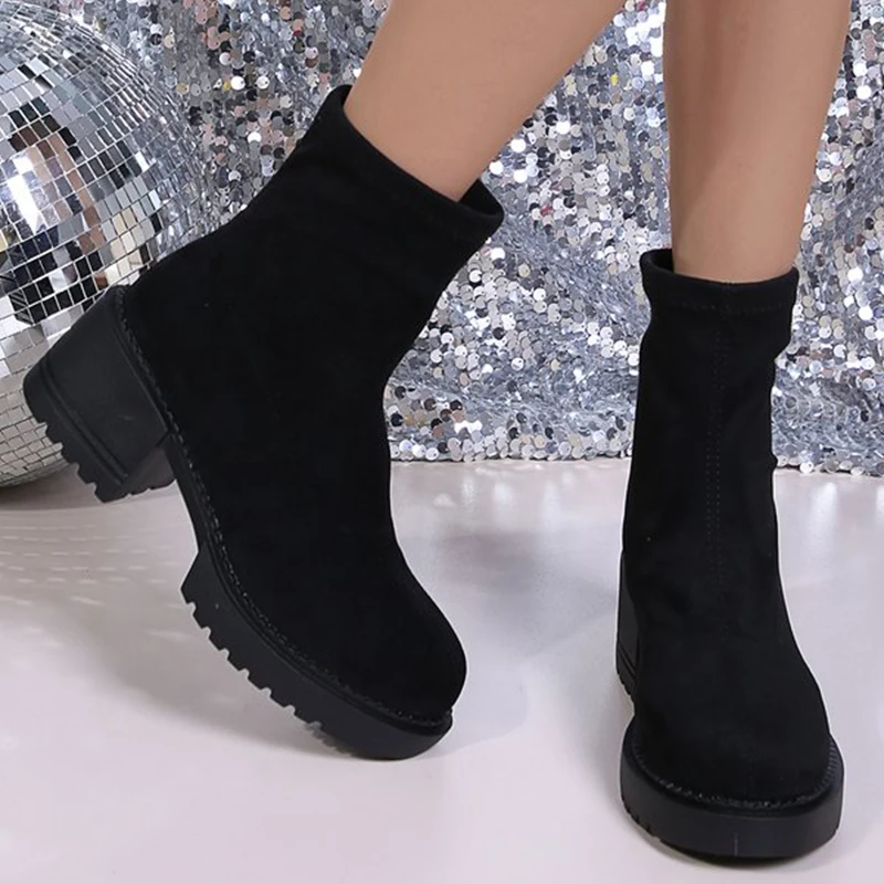 

Осень-зима, однотонные замшевые ботильоны, женские повседневные ботильоны на платформе больших размеров, женские удобные ботинки на квадратном каблуке