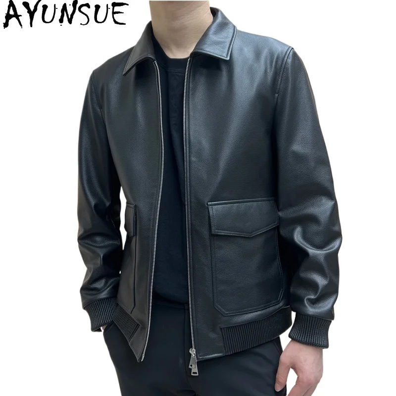 

AYUNSUE куртка из 100% натуральной кожи, мужская одежда, верхний слой, куртки из воловьей кожи, мужские повседневные короткие кожаные пальто с лацканами Abrigos