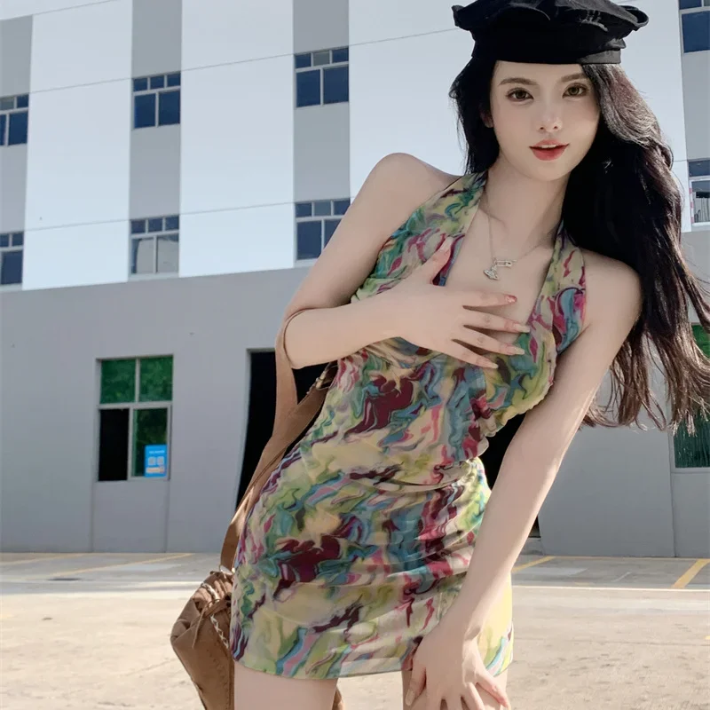 여성용 민소매 드레스, Y2k 레트로 타이 다이, 섹시 핫 스위트 여성 휴가 선드레스, 패션 백리스 시크 여름 미니 드레스