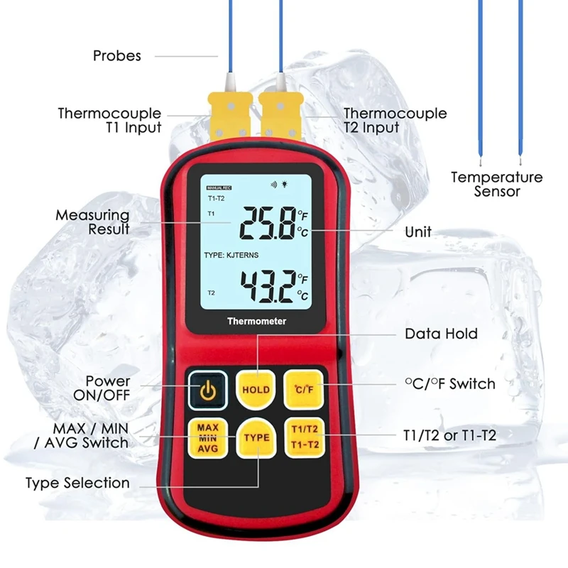 Imagem -02 - Termômetro Digital Dual Channel Termômetro com Duas Sondas tipo k Display Lcd Medidor de Temperatura