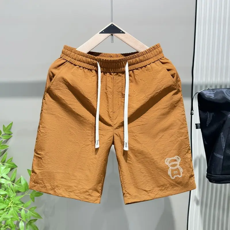 Trend Fashion Summer Casual Shorts Men\'s Letter Print Elastic Waist Drawstring Pockets Motion Loose Straight Knee Length Short