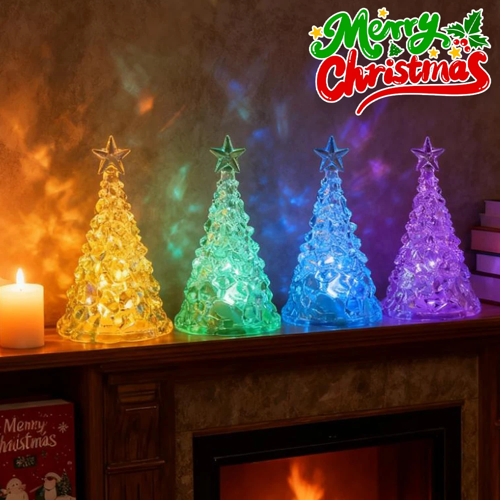 Mini Christmas Tree Night Light Transparent Acrylic Luminous Desktop Decor Small Gift Home Decoration