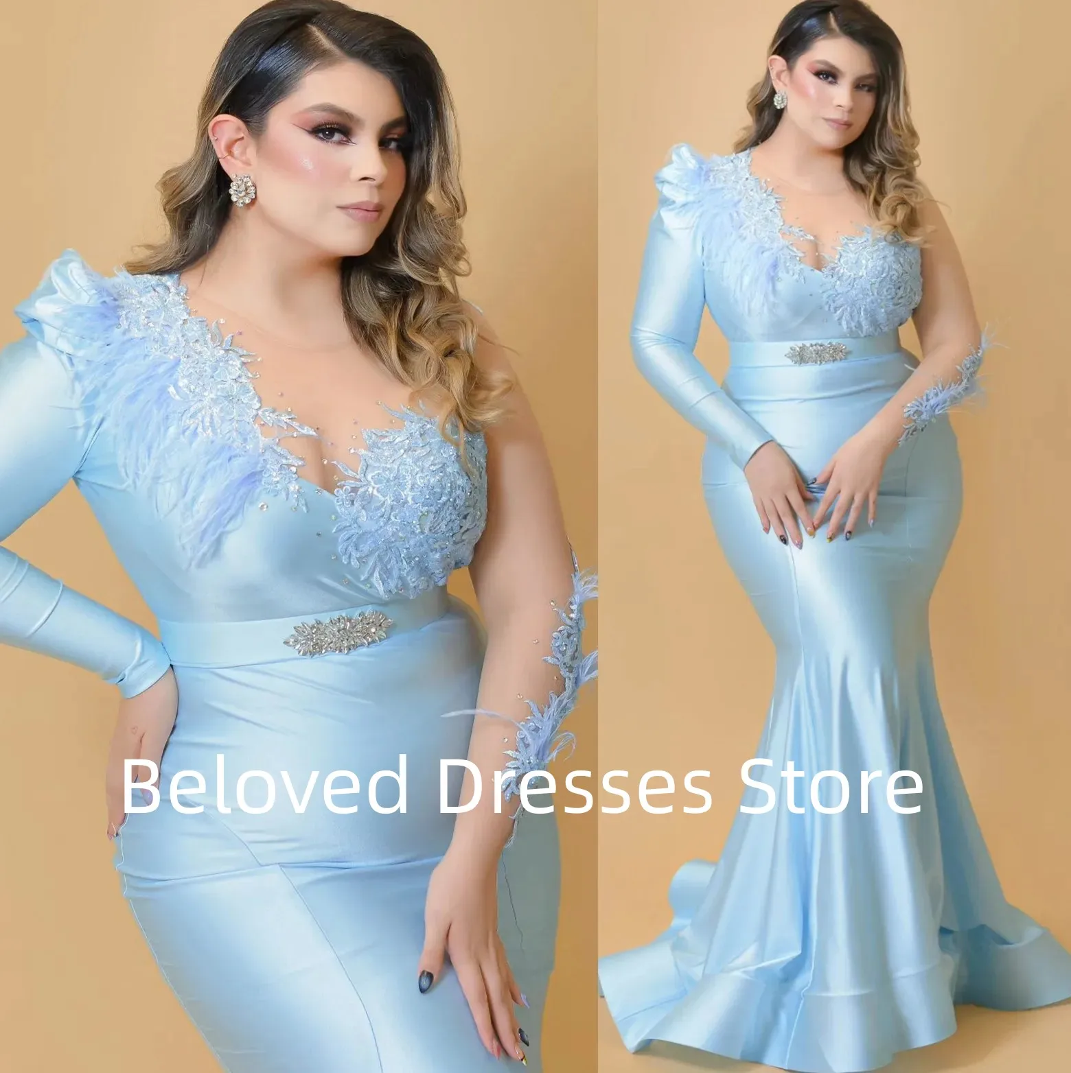 Sparkling Diamond Mermaid Evening Dress Big Round Leader Decal Feather Ball Dress Plus Size Sexy Fishtail Style FormalPartyDress