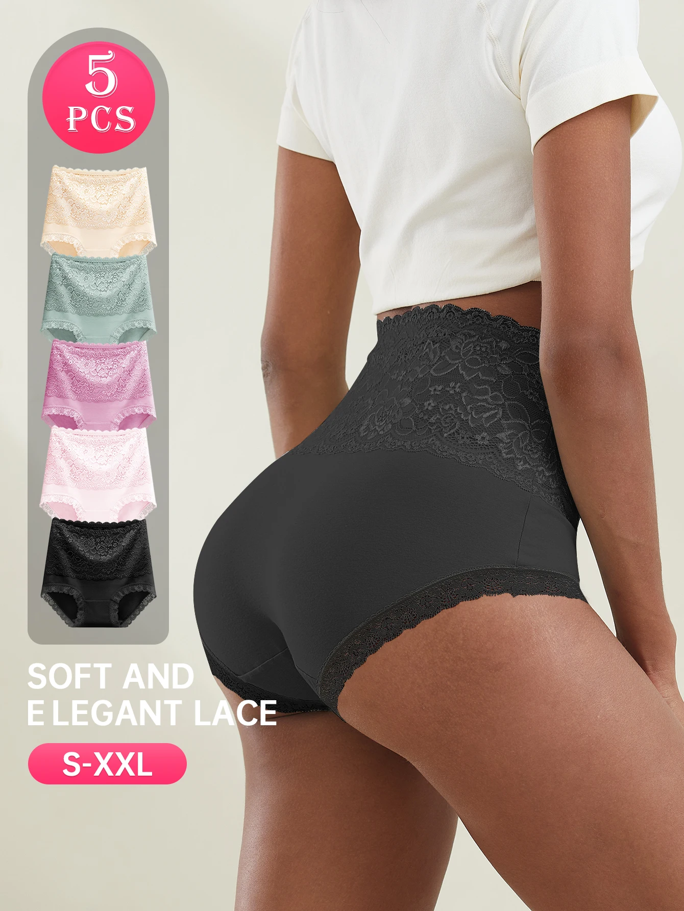 

Комплект из 5 женских трусиков: хлопковые кружевные трусики с высокой талией, цветочные, с вышивкой, сексуальные, дышащие