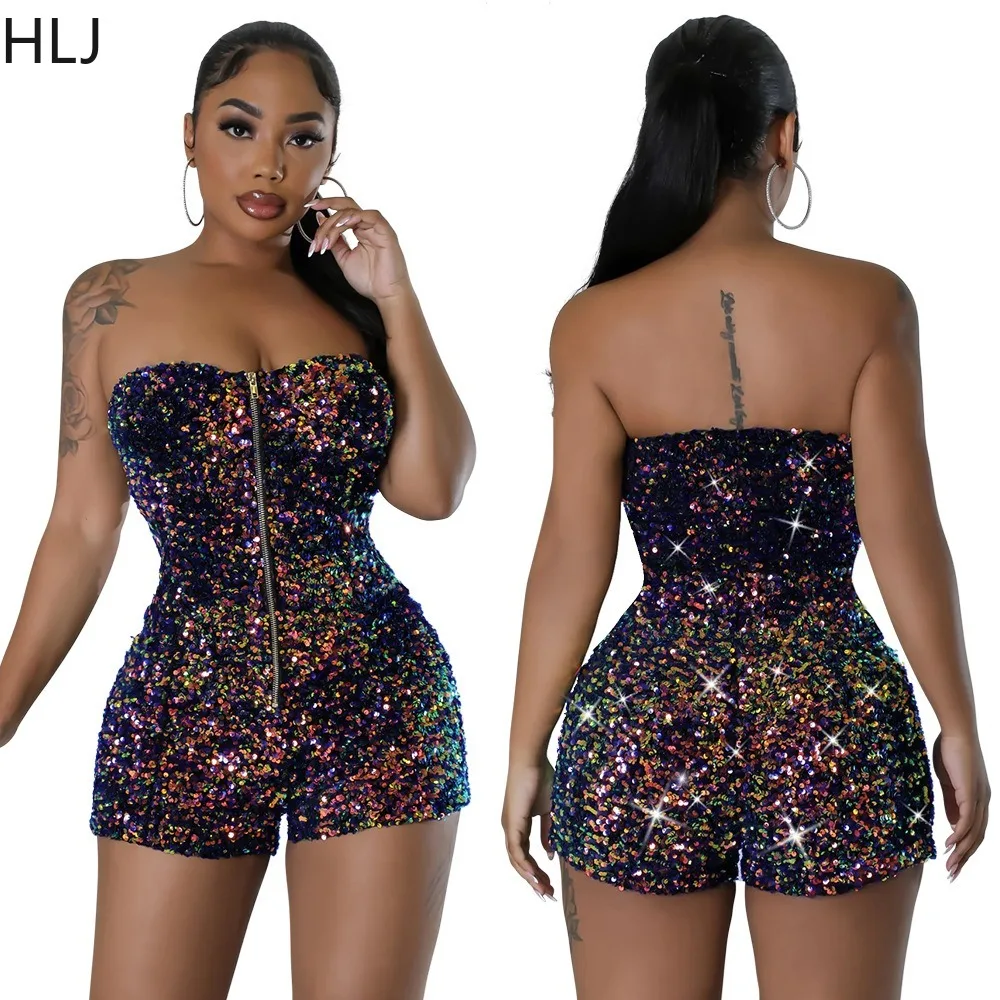 

HLJ Fashion Sequin Zipper Bodycon Party Nightclub Rompers Women Off Shoulder Sleeveless Slim Jumpsuits Female Overalls 2023 New