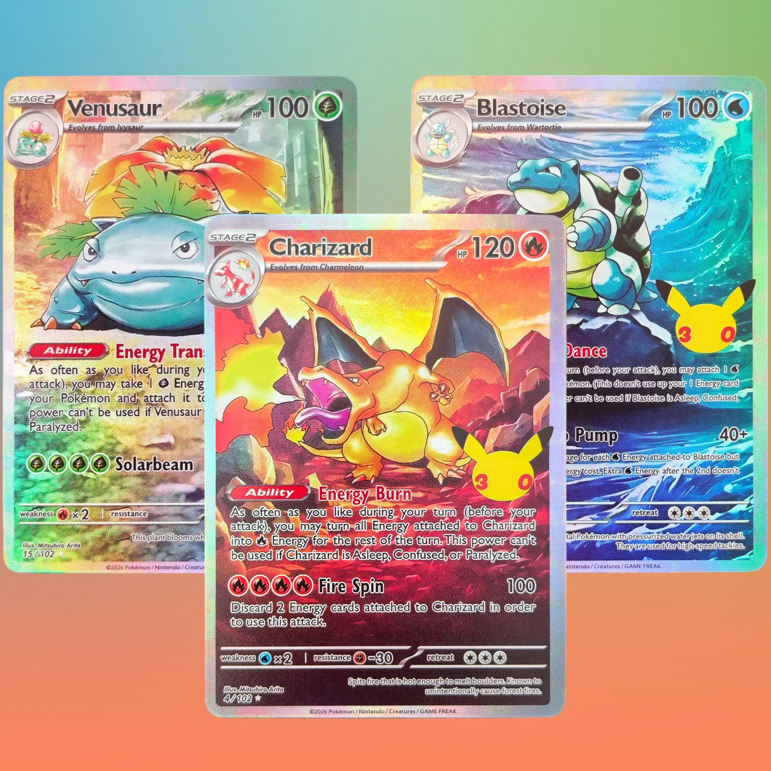 Versión Hecha a Mano PTCG Inglés 30 Aniversario Charizard Blastoise Venusaur Fan Art Colección de Juegos Tarjeta DIY Juguete
