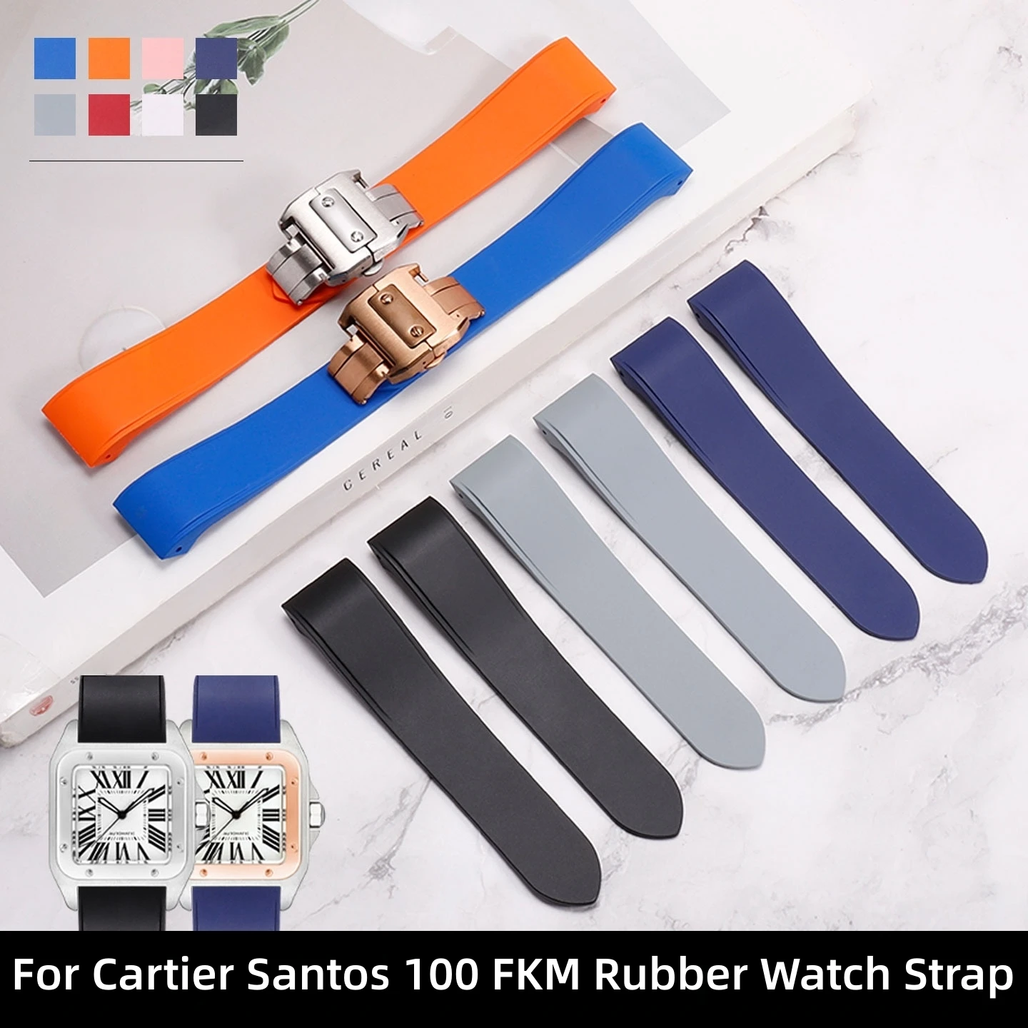 Fit For Cartier Santos 100 FKM Rubber Watch Strap 20 23 24mm Curved End No Gap Design Waterproof Watch Band
