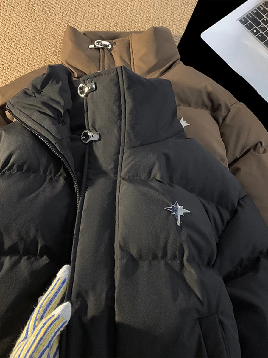 

Men's Thickened Cotton Jacket Fashionable Winter Outerwear Metal Decorated American Style Warm Coat Casual Long Sleeve Zipper