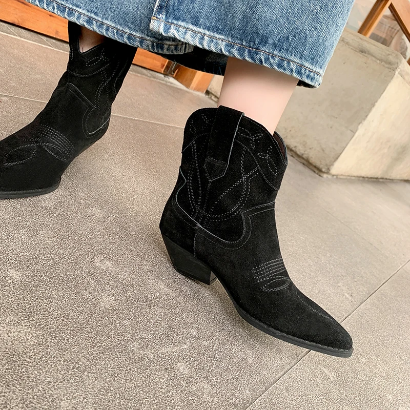 Western Boots Med Heel Winter BotasWoman Slip On British Style LadyShoes CowSuede Daily Bota Spring Autumn Cowgirls Ankle Boots