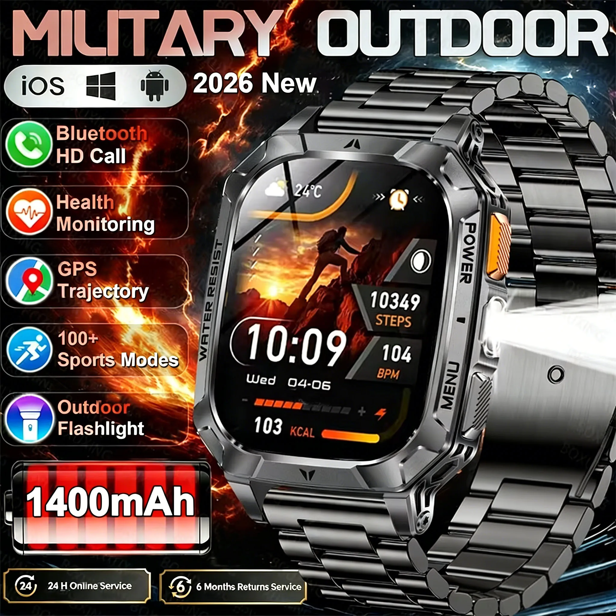 

Мужские смарт-часы New 2026 с фонариком, спортивные, тактические, водонепроницаемые IP68, для отслеживания фитнеса, с умной батареей 1400 мАч, прочные, военного класса