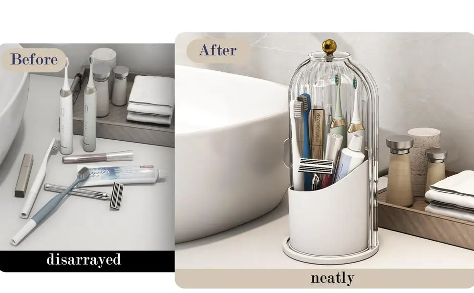 Toothbrush and Toothpaste Holders with Cover, All Pink | Waterproof and Dustproof, 360° Rotating Base, Smooth Sliding Door, 3 Slots, for Bathroom Countertop