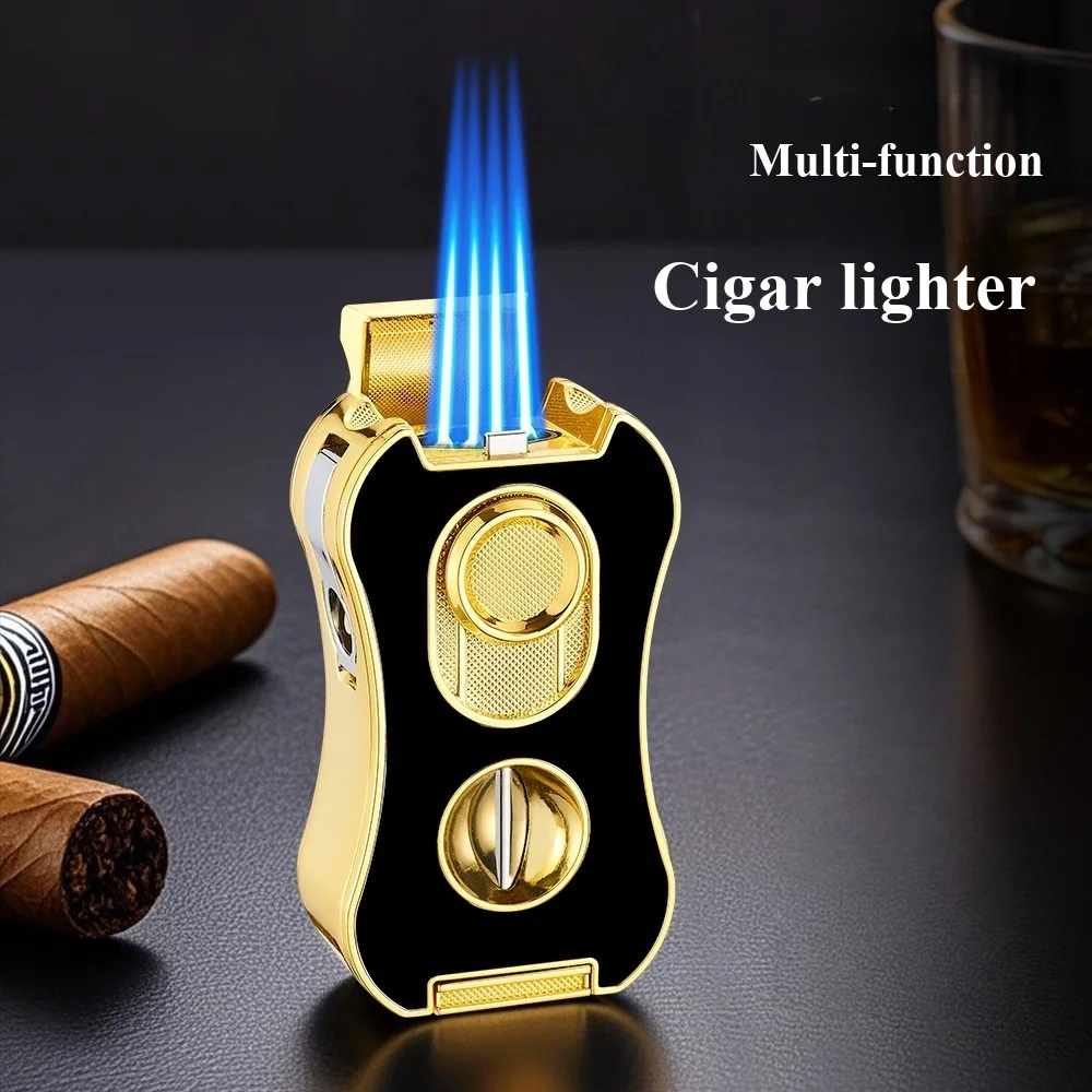

Multifunctional Six In One Cigar Lighter Four Flames Straight Forward Windproof V Cutting Men's Light Luxury Cigarette Lighter