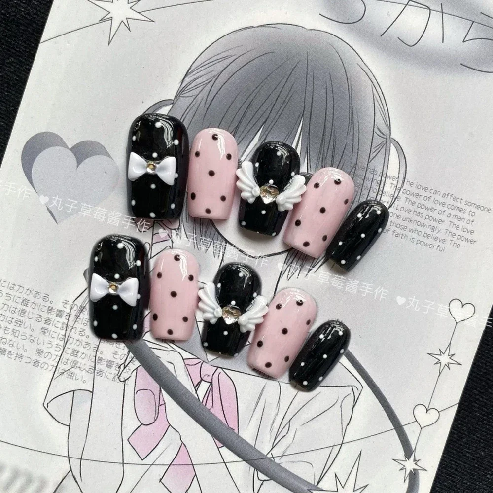 10Pcs Y2K Hot Girl Handmade Press On Nail Art Cartoon Sticker Pearl Wings Lovingheart Bowknot Short Square Holiday Gift