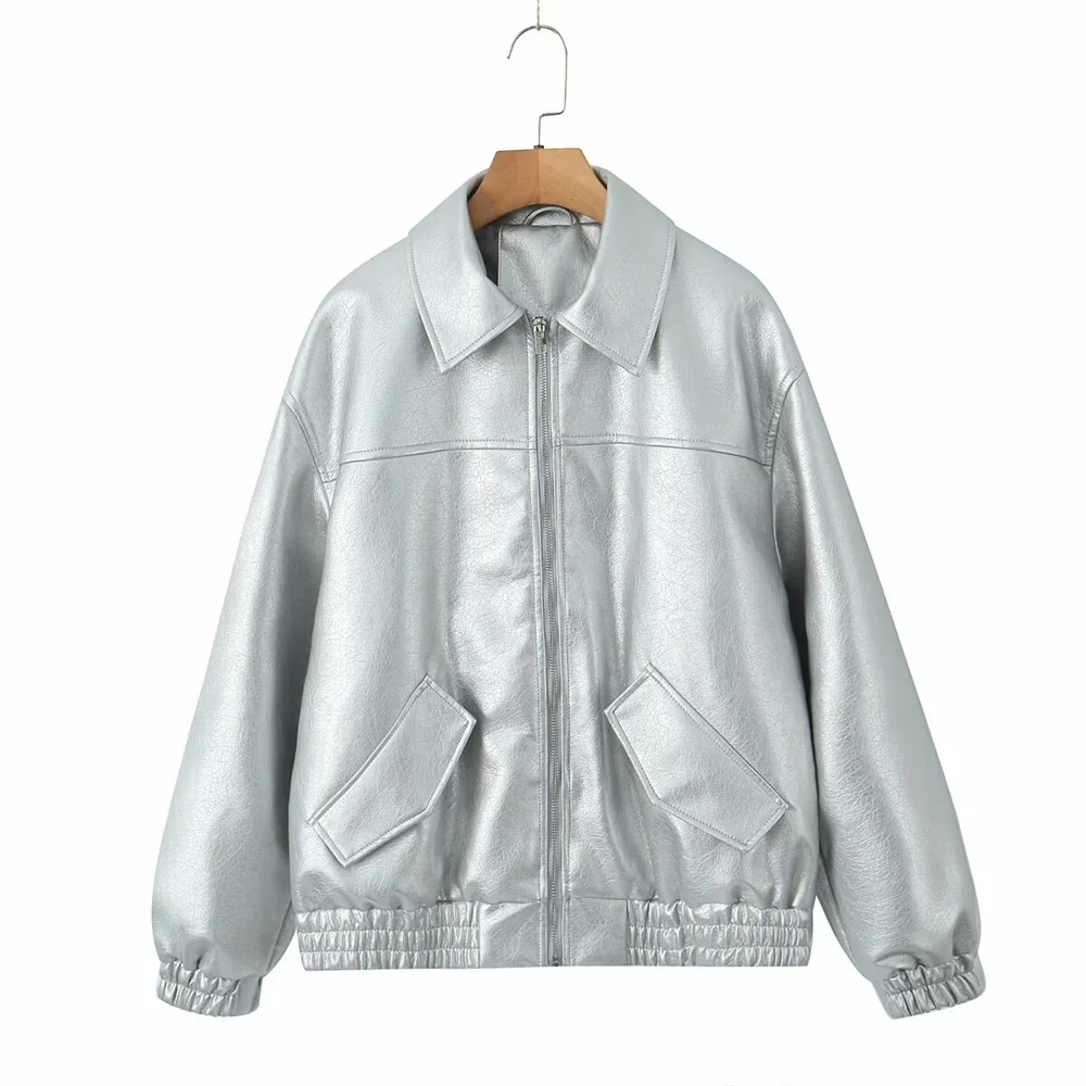 2024ZAR Spring/Summer New Women\'s Wear American Retro Luxury Silver PU Leather Coat Loose Motorcycle Leather Jacket Top