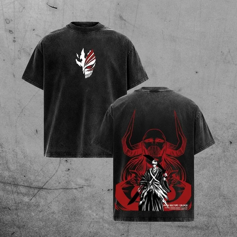 Bleach Ichigo Kurosaki Ink Sketch Japanese Kanji Double Sided Vintage Washed Anime Graphic T-Shirt Unisex Oversized Y2K Tee Tops