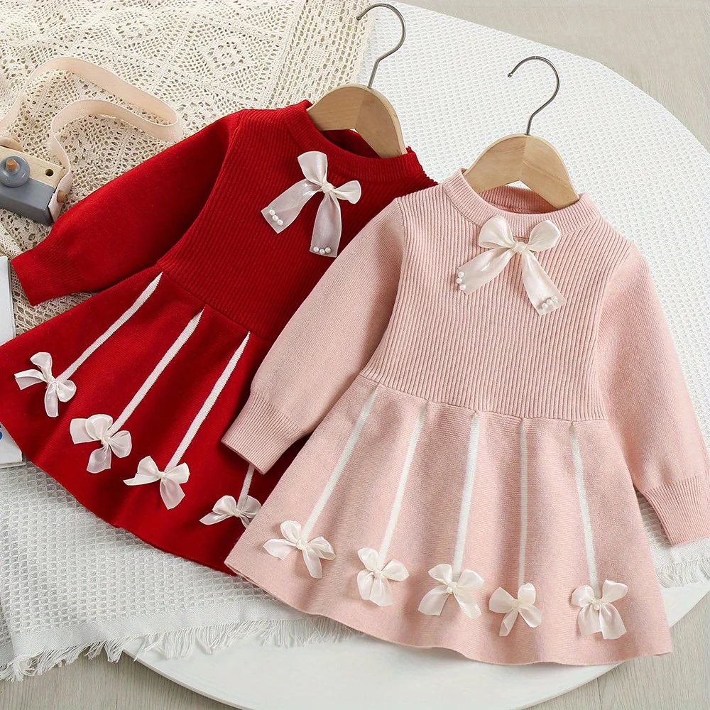 Mädchen-Strickkleid mit Schleife – weiches Pulloverkleid im Prinzessinnen-Stil für Herbst und Winter, 2-in-1-Kleidung als Innenschicht oder Oberbekleidung