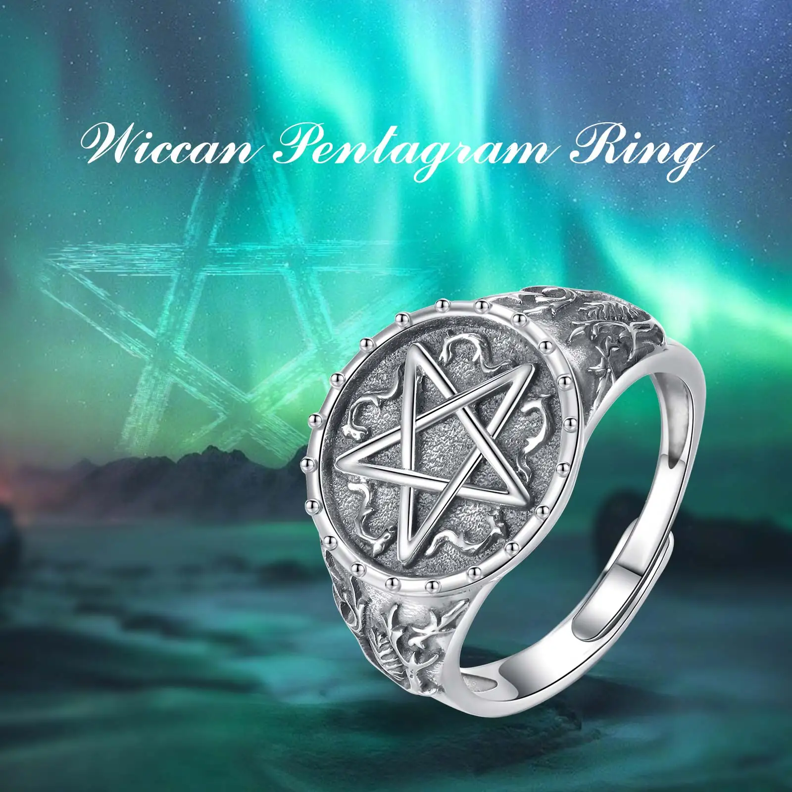 Eudora 925 Sterling Silver Pentagram Adjustable Ring for Men Vintage Amulet Guardian Star Tetragrammaton Ring Witch Jewelry Gift