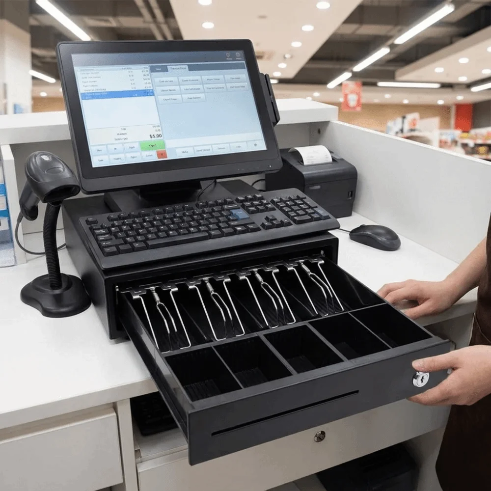 Durable Metal Supermarket Cash Box Wiring RJ11 4 Bill 5 Coin Cash Register Drawer Heavy Duty Removable Money Cash Locker Shops