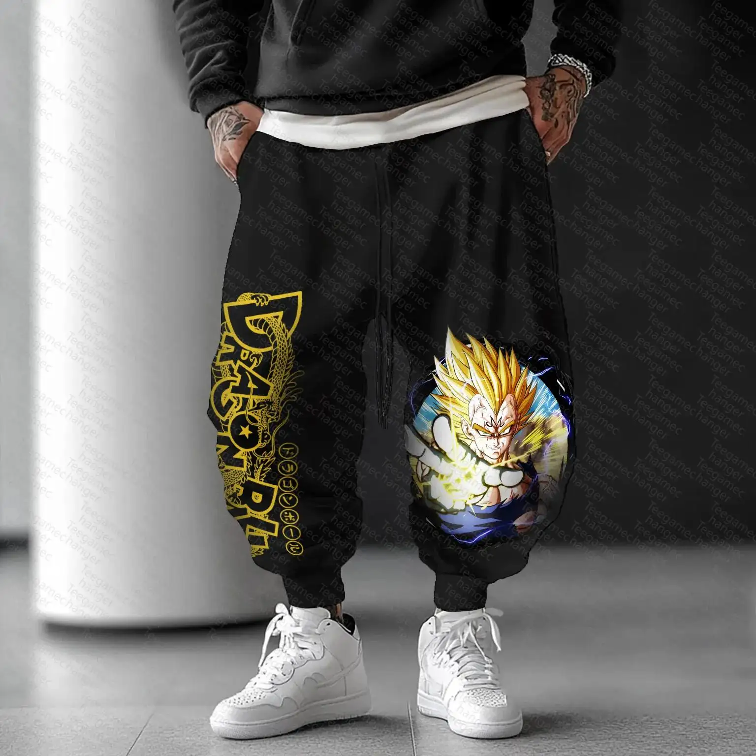 DRAGON BALL Anime Black Jogger Pants Men Women Casual Streetwear Sweatpants with Golden Logo and Super Saiyan Character Print