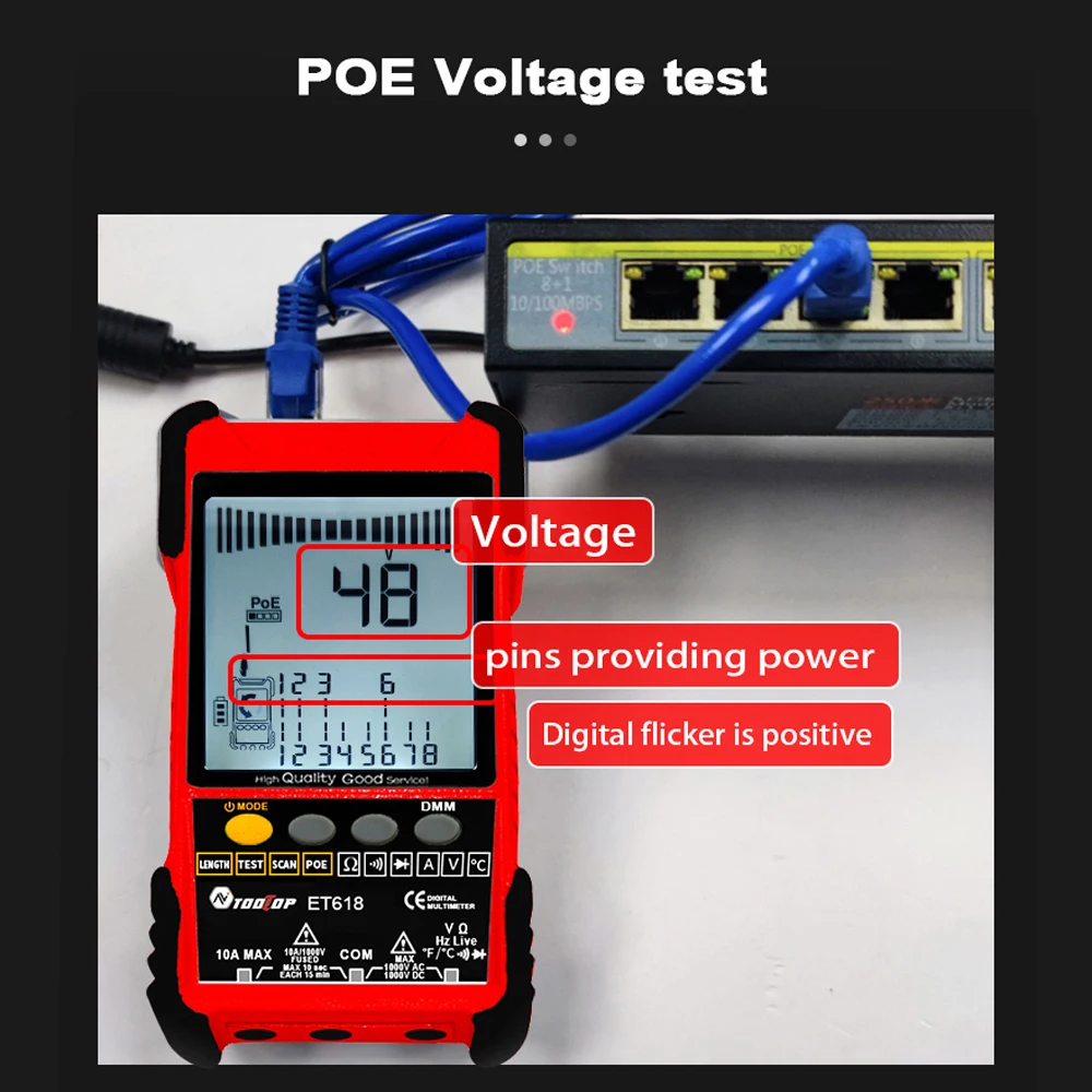 أدوات اختبار كابل الشبكة ET616/ET618 مع نظائرها شاشة الكريستال السائل البحث الرقمي POE اختبار كابل طول الاقتران اختبار Wiremap