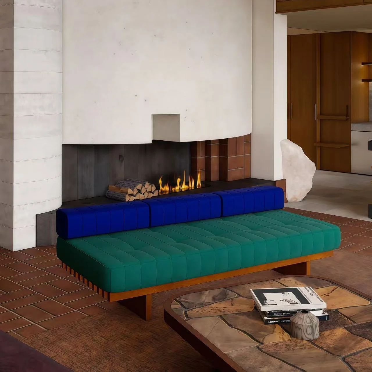 Style armless two-color solid wood sofa set, suitable for living room villa hotel, with linear sponge