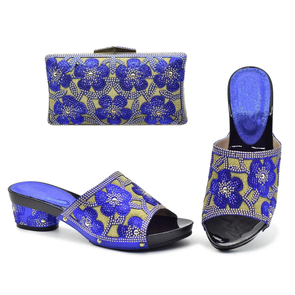 Blue Color African Rhinestone Shoes and Bag Set Italian Ladies Shoes and Bag Set Nigerian Wedding Shoes and Bag Set