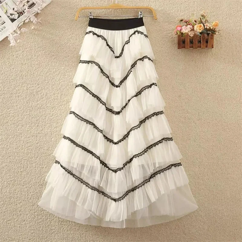 

Tutu Tulle Long Skirts Womens Spring Korean Solid A Line High Waist Mesh Tiered Maxi Skirt Female Faldas Aesthetic