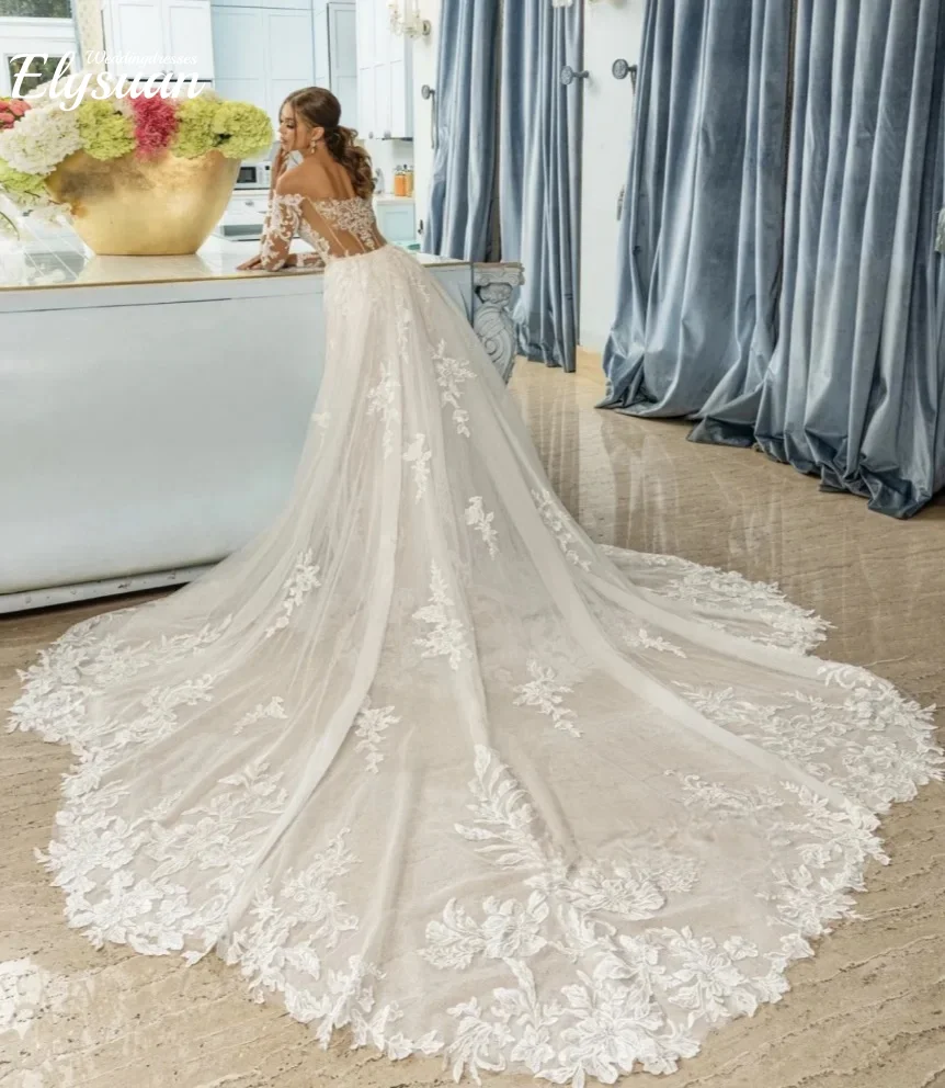 Customized Elegant wedding dress V-neck long-sleeved detachable tail-tail women's wedding dress Vestido de novia