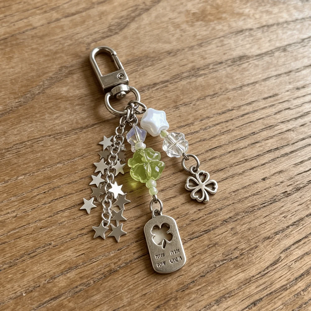 Boho Star Four-Leaf Clover Bag Charm Lucky Leaves Acrylic Phone Charm Pendant Hook-up Cute Lanyard Chain Accessory Daily Use