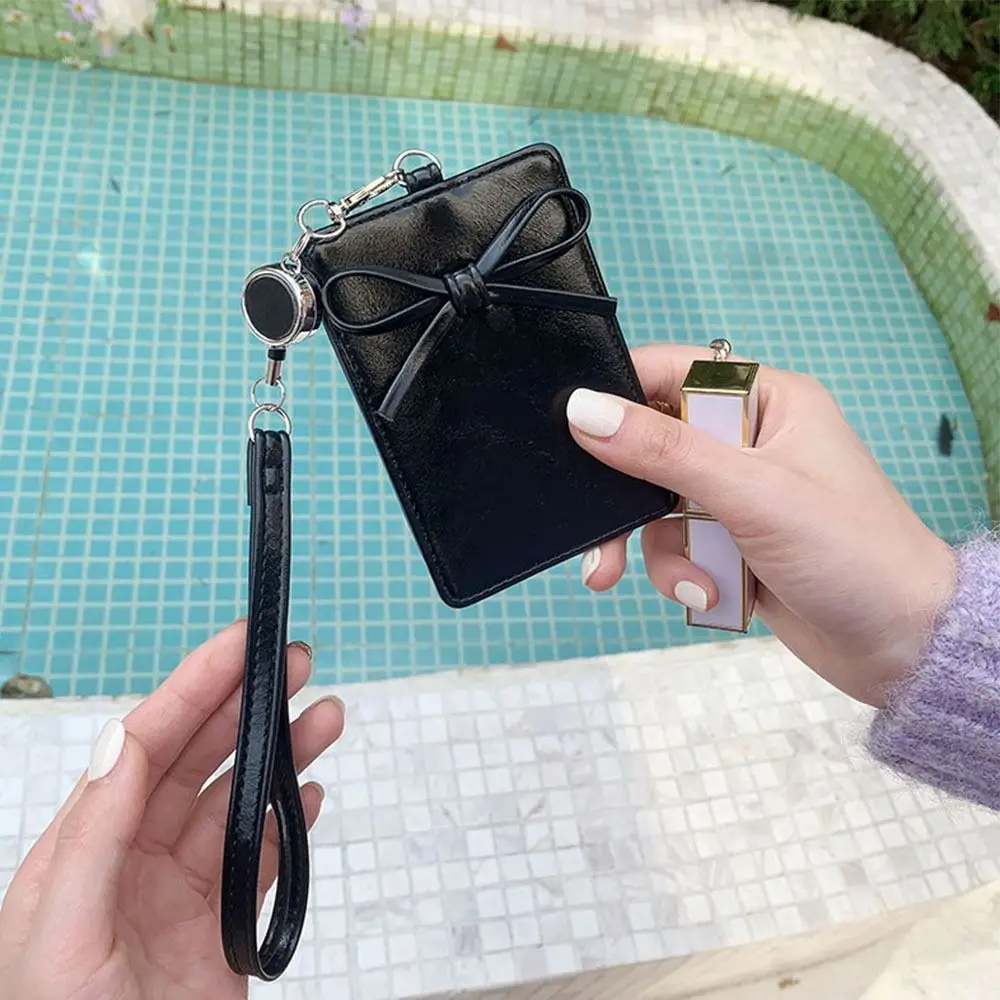 Creative Bow Card Holder Retractable Lanyard PU Leather Photos Protective Cover ID Card Card Holder